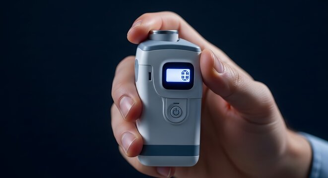 Close up of a hand holding a sleek, modern digital counter or measurement device with a bright glowing display, showing a '0' value on a dark background