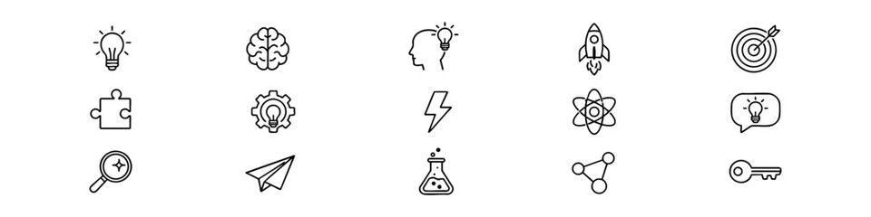 Set of 15 creativity and innovation line icons featuring light bulbs, brain, rocket, target, puzzle, gear, atom, and more on a white background. © Петро Корженівський