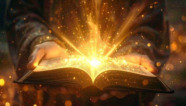 Hands opening a glowing book of light with floating particles and a warm golden aura. Semi-realistic scene emphasizing magic, knowledge, and a mystical, radiant atmosphere.
