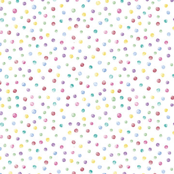 Seamless watercolor polka dot pattern. Playful and versatile vector pattern of scattering of hand-painted watercolor polka dots in a variety of soft colors, including blush pink, lavender, mint green