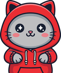 Adorable cartoon cat wearing red hoodie with cute facial expression and sparkles in eyes