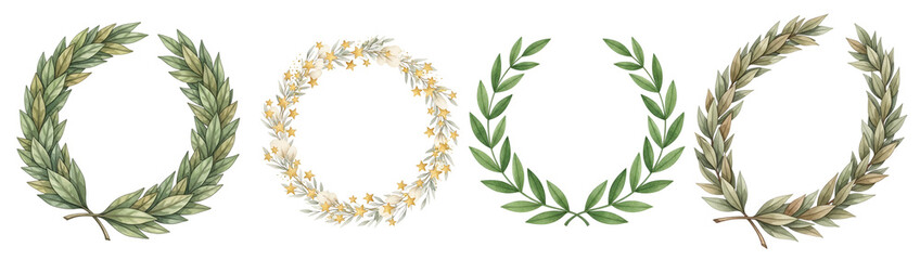 A set of laurel wreaths on a transparent background for awards and recognition