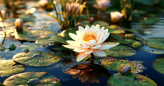 A serene white lotus flower blooms on a pond surrounded by lily pads and water at 56