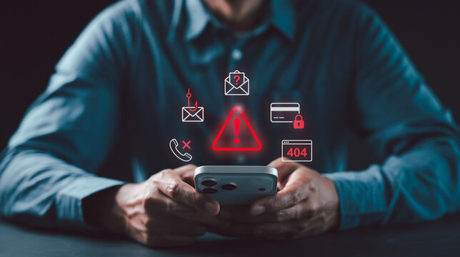 Man using smartphone virtual red cybersecurity warning icons Phishing, Call scam, Credit card fraud, 404 Error for online safety concept, OTP fraud, Attack Crime, Spyware Blacklist, Protection Crisis