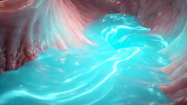 Blue liquid flowing across stomach lining illustrating gastric protection barrier and soothing digestive treatment in medical visualization