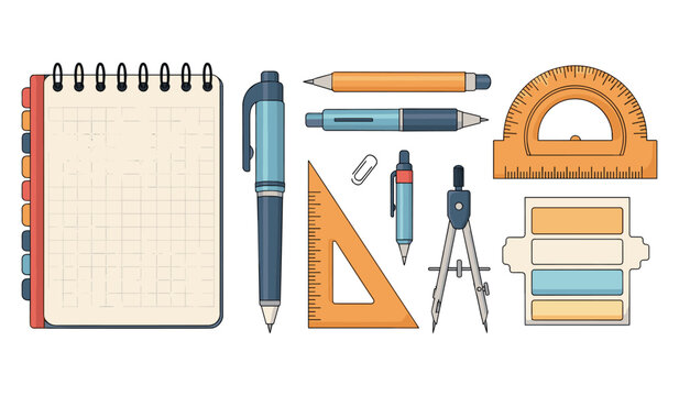 Colorful stationery set with notepad, pens, ruler, and protractor for school or office
