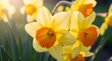 Fototapeta premium Vibrant yellow daffodils with bold orange trumpets, glistening with dew under soft golden sunlight, capturing the essence of spring's awakening and natural beauty