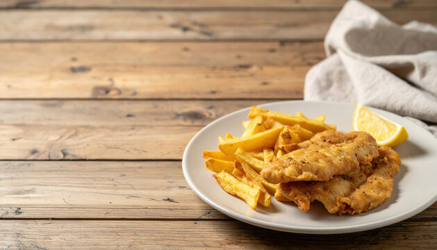 Filetto di pesce fritto croccante con patatine fritte e limone su piatto bianco e tavola di legno- Generative AI