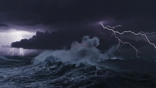 Dramatic lightning strike illuminates stormy dark ocean waves at night