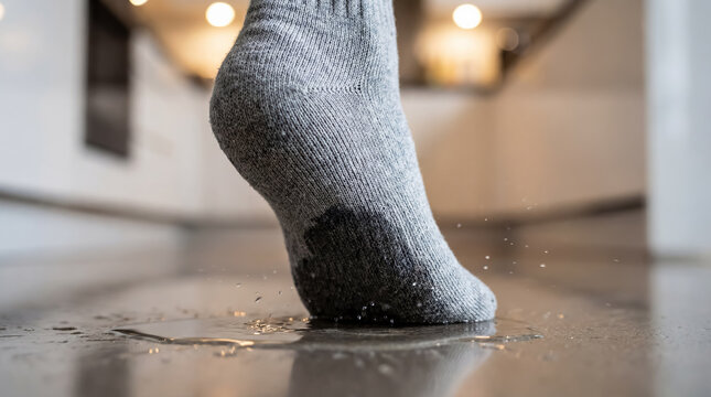 Close-up of a grey sock soaked from spilled water on a modern kitchen floor. A metaphor for irritation and minor failures in a person's everyday life