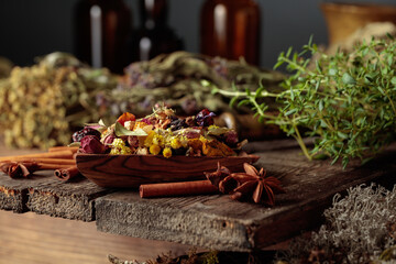 Close-up of various dried spices and herbs for herbal medicine.