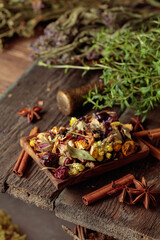 Close-up of various dried spices and herbs for herbal medicine.