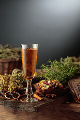 Herbal bitter liqueur and natural ingredients.