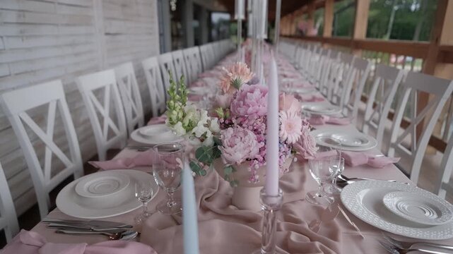 Long banquet table set with pink runners, floral centerpieces, and white dinnerware on a wooden terrace