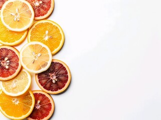 High quality top view composition of fresh mixed citrus fruit slices including orange, lemon, and red grapefruit arranged in a circular pattern isolated on white background.
