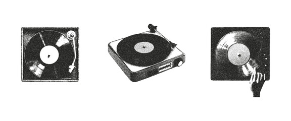 Vintage music devices with vinyl record with photocopy effect. Grunge punk dotted stickers for collage, poster, print, music cove. Vector. © Olgadesigner