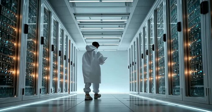 Technician in white lab coat examines server room with rows of computer cabinets