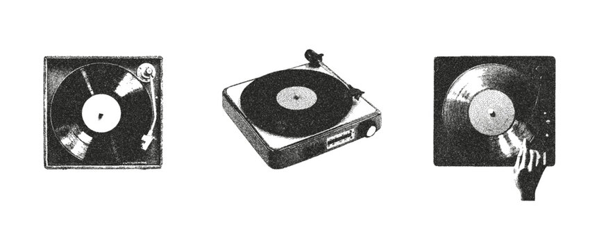 Vintage music devices with vinyl record with photocopy effect. Grunge punk dotted stickers for collage, poster, print, music cove. Vector.