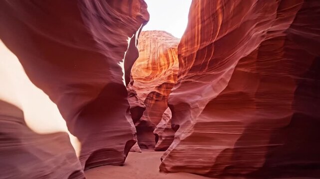Gliding through narrow sandstone formations of slot canyon with smooth wave patterns and soft orange lighting in remote desert