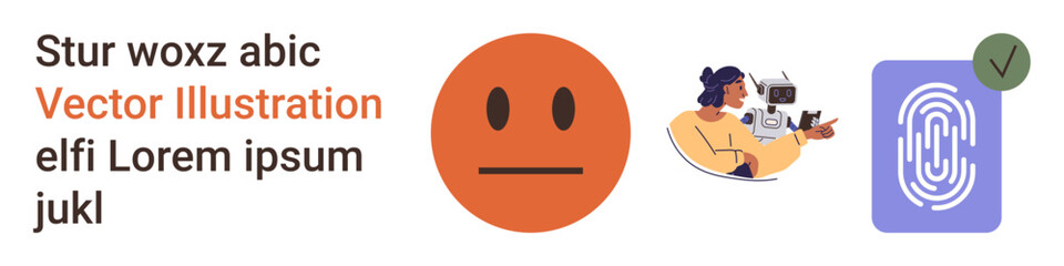 Fototapeta na wymiar Biometric security, identity verification, user authentication, technology privacy, online safety, digital services. A face, fingerprint and person using a camera. Biometric security and identity