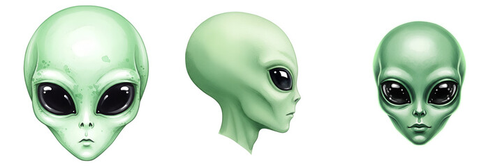 Three green alien heads with large black eyes on transparent background