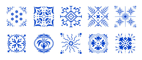 Plakat Mediterranean ceramic tile pattern. Blue Amalfi ornaments mosaic textures. Seamless Italian design. Traditional Portuguese azulejo elements, summer sun icons and vintage Positano coast aesthetic.