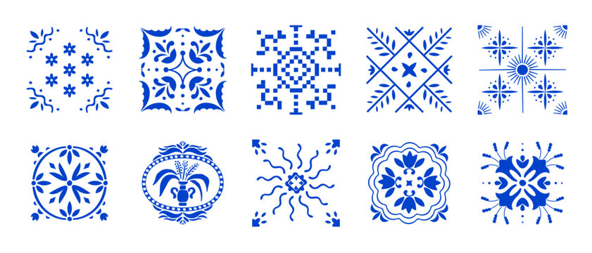 Mediterranean ceramic tile pattern. Blue Amalfi ornaments mosaic textures. Seamless Italian design. Traditional Portuguese azulejo elements, summer sun icons and vintage Positano coast aesthetic.