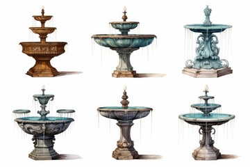 Collection of antique style fountains illustrating classical architectural elements with flowing water