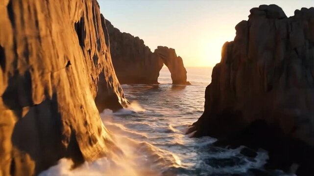 Aerial drone video of sunrise over famous rock formations and natural arch at cape San Lucas coastline with splashing ocean waves