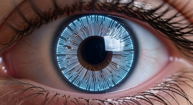 Close-up of a human eye with a futuristic circuit board pattern overlay on the iris
