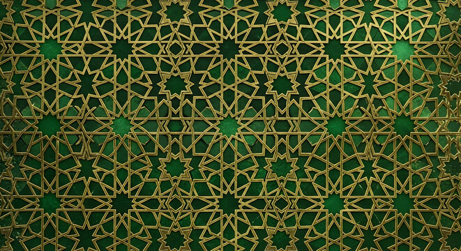 Golden geometric star pattern on a deep green background, showcasing intricate Arabian design, luxurious texture, and traditional decorative mosaic