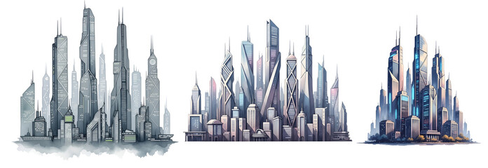 A futuristic cityscape with sleek skyscrapers on transparent background