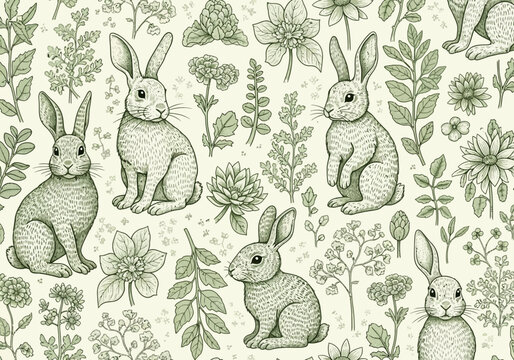 Seamless pattern with vintage rabbits and botanical elements