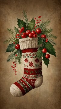Christmas stocking with holly decoration