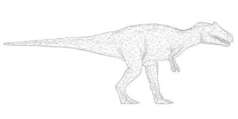 A detailed wireframe T-Rex model, composed of intricate geometric shapes and connecting lines, sits isolated on a clean white background. © German Ovchinnikov