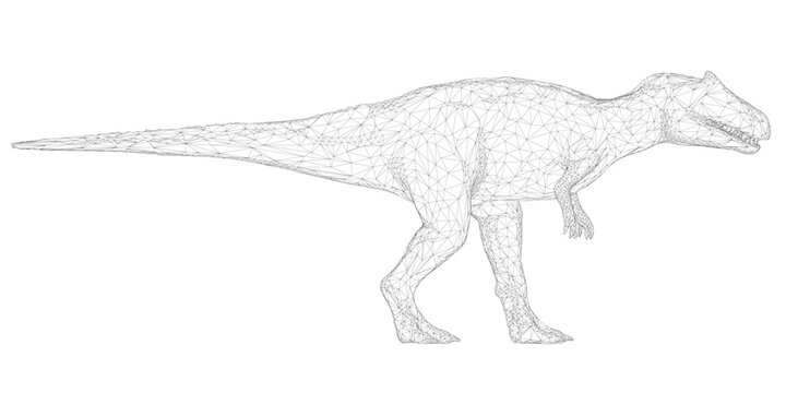 A detailed wireframe T-Rex model, composed of intricate geometric shapes and connecting lines, sits isolated on a clean white background.