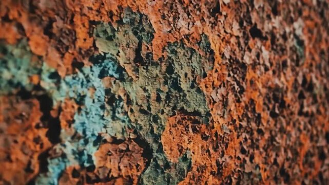 Detailed close-up of heavily rusted l surface with peeling turquoise paint.