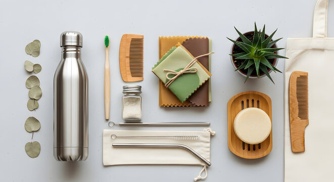 Sustainable lifestyle objects arranged for a flat lay, showcasing eco-friendly personal care and reusable items