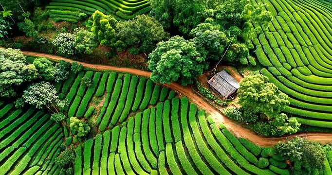 Aerial view of a lush green tea plantation with a small wooden hut and winding dirt road 