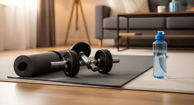 Dumbbells and yoga mat on floor in a modern living room with a water bottle, preparing for home workout