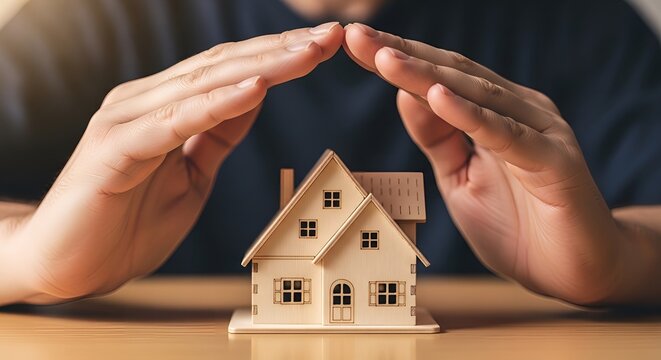 Protective hands covering a miniature house model, symbolizing home insurance, property security, and real estate investment