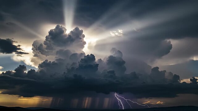 Dramatic thunderstorm with lightning strike and sun rays through dark clouds