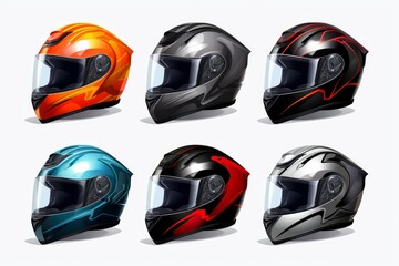 Fototapeta premium Racing accessory collection of full face helmets in various colors and designs