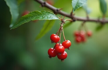 Obraz premium Macro shot of bright red berries on a thorny branch. Green leaves and blurred background suggest wild nature. Small fruits ripen on the plant, showing natural beauty.