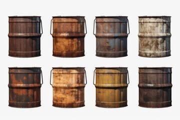 Fototapeta premium Collection of eight rusty metal barrels showing corrosion and decay on a white background