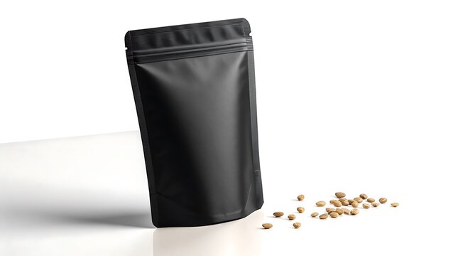 Black dory pack mockup with coffee beans on white background surface