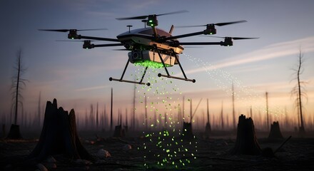 Fototapeta premium Drone seeding new trees in deforested area, aerial view, concept of reforestation and fighting climate change