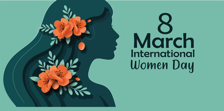 International women s day poster with silhouette of woman and flowers on 8 march