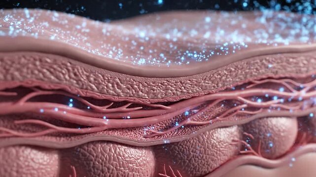 Explore human skin layers showing hydration with a close up look at skin cross section and glowing details in different frames