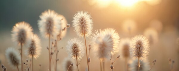 Obraz premium Soft focus view of dried dandelion seed heads in warm golden hour sunlight. Delicate wisps backlit by sunbeams create ethereal atmosphere. Autumn field of fading wildflowers.